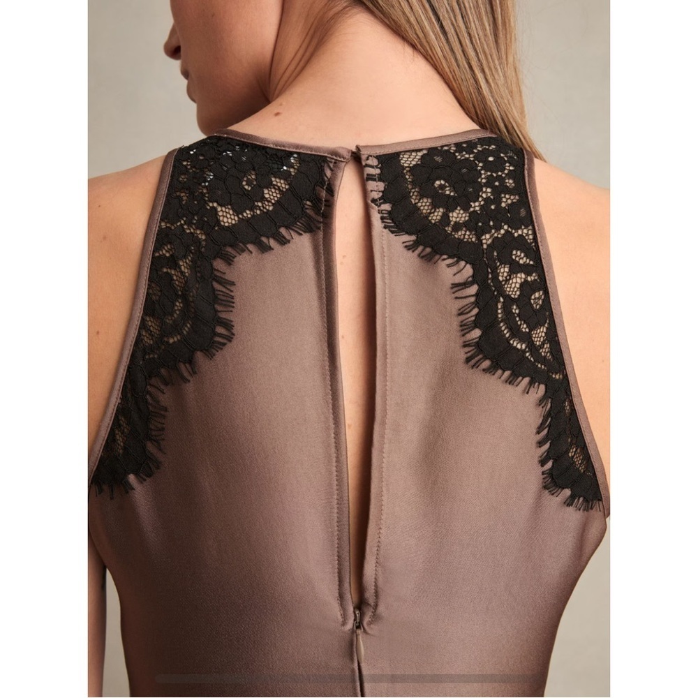 NWT REISS Anais Drape lace-trim dress mocha brown size 12 - Picture 5 of 12